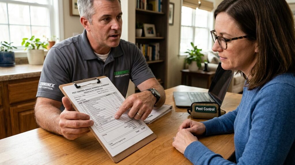 Close-up of a professional pest control inspectors hand poi
