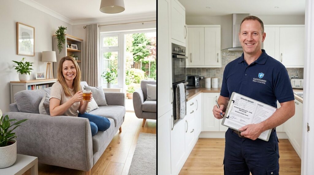 Split-screen style composition showing on one side a happy p