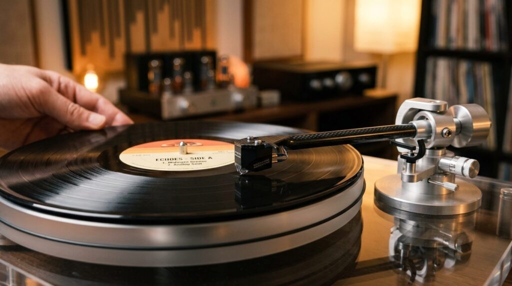 Close-up detail shot of a vinyl record being placed on a tur