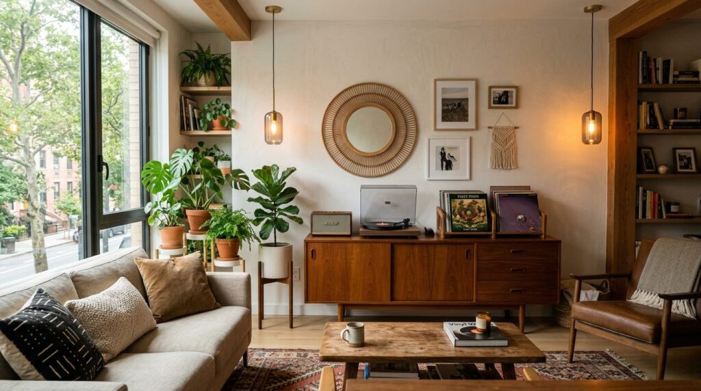 Modern apartment living room interior featuring a vintage-in