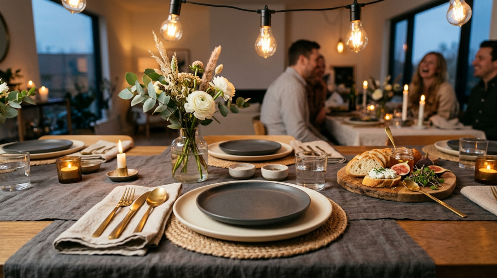 Close-up detail shot of a modern home party table setting fe