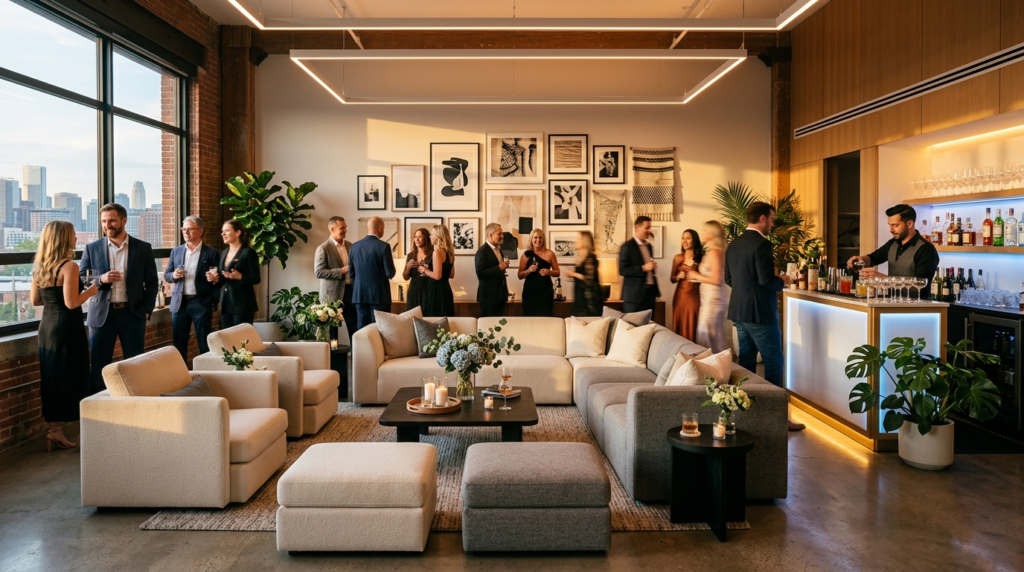 Wide angle shot of a sophisticated living room party space s