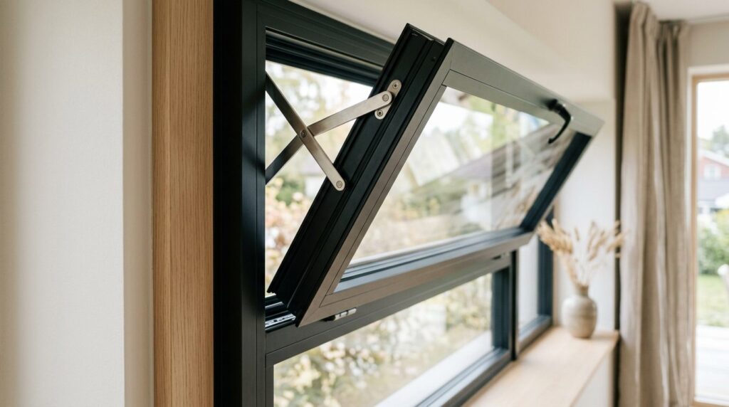 Close-up detail of a sleek aluminum top-hung window frame in