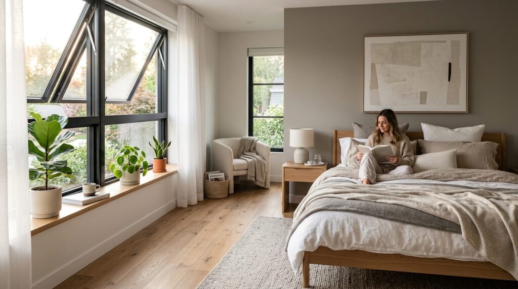 Stylish contemporary bedroom with large top-hung windows, wh